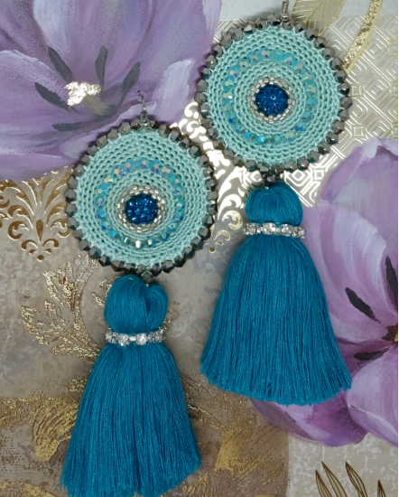 Háčkované  dizajnové náušnice "Modrý Mauritius"